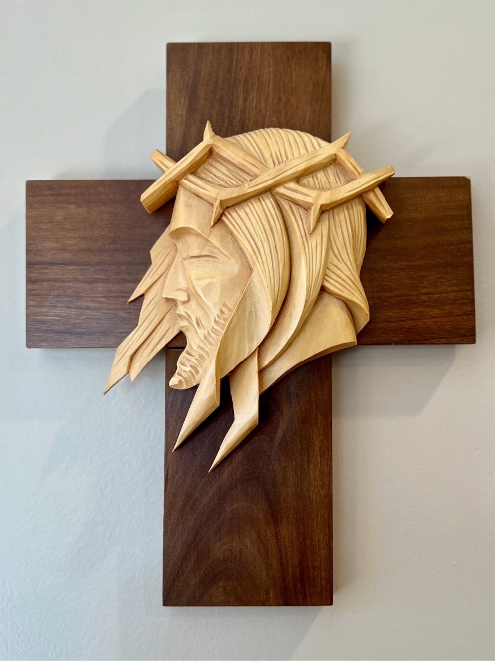 Mid Century Wall Cross - Hand Carved Wood Image of Jesus - Natural & Dark Wood